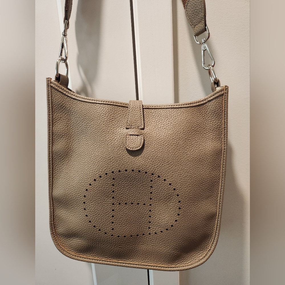 Leather Crossbody Tote in Taupe with Perforated Logo